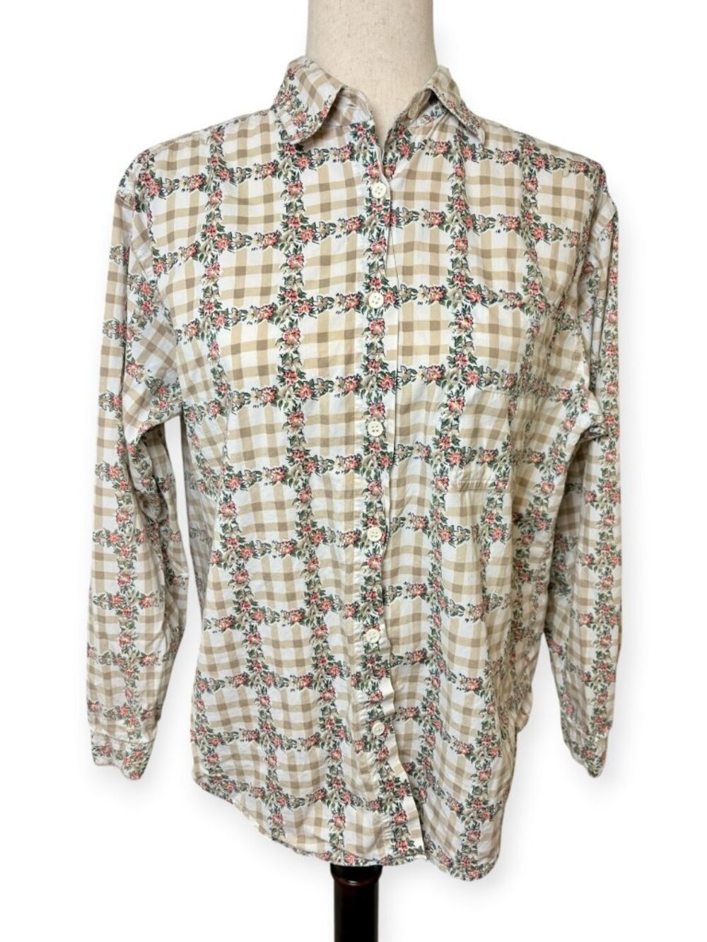 Vintage Y2K Chic Tan Pink Gingham Floral Cotton Button Down Shirt Small